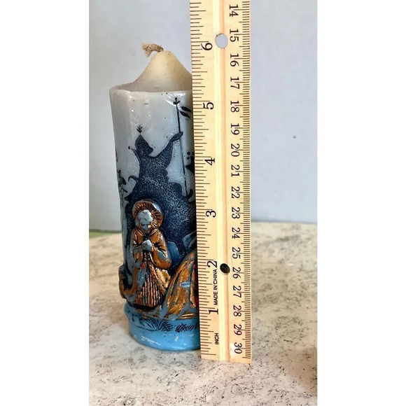 Vintage Blue Gold Christmas Nativity Scene Candle w/ Holder Unburned Handcrafted - Picture 9 of 12
